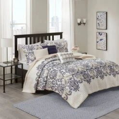 6pc Cascade Reversible Quilted Coverlet Set Blue - Madison Park
