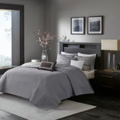 6pc Harmony Jacquard Reversible Quilt Set Gray/Taupe - Madison Park