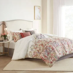 Julia 7pc Cotton Printed Comforter Set Off White/Red/Lavender