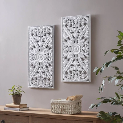 (Set Of 2) 15.5" X 31.5" Botanical Wood Carved Wall Panel White 3 (Set Of 2) 15.5" X 31.5" Botanical Wood Carved Wall Panel White - Image 3