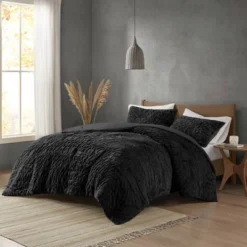 Madison Park 3pc Full/Queen Dakota Ruched Fur Down Alternative Comforter Set Black