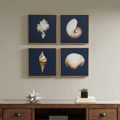 (Set Of 4) 12" Square Ocean Seashells Framed Canvas Decorative Wall Art Set Blue 1 (Set Of 4) 12" Square Ocean Seashells Framed Canvas Decorative Wall Art Set Blue