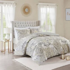 Madison Park 3pc Lian Cotton Floral Printed Reversible Duvet Cover Set