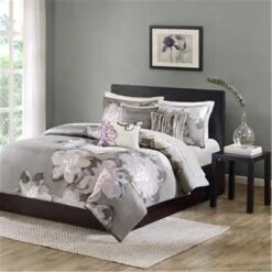 Serena 6 Piece Printed Duvet Cover Set, Grey - Queen