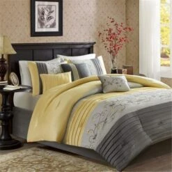 Serene Embroidered Comforter Set, Yellow - King - 7 Piece, 7PK