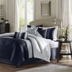 Amherst 7 Piece Comforter Set, Navy, Cal King, 7PK
