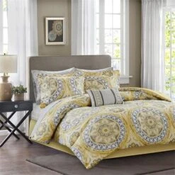 Madison Park MPE10-146 100 Percent Polyester Microfiber Printed Serenity 9 Piece Comforter Set; Yellow - Full