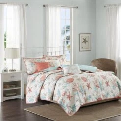 Madison Park MP13-2709 6 Piece Cotton Sateen Printed Coverlet Set; Full-Queen; Coral