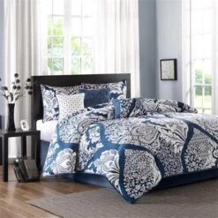 Madison Park MP10-3830 100 Percent Cotton Printed 7 Piece Comforter Set; Indigo - King