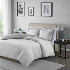 Madison Park MPE12-643 Hayden Reversible Stripe Duvet Cover Mini Set - Grey; Full & Queen Size