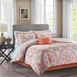 Madison Park 9 Pieces Coral Serenity Complete Bed And Sheet Set, Full, 9PK