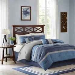 7 Pieces Collins Comforter Set, Queen - Navy, 7PK