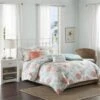 6 Piece Cotton Sateen Printed Duvet Set, King-California King, Coral