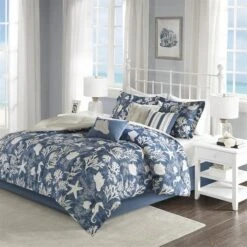 7 Piece Cotton Sateen Comforter Set - Blue, Queen Size, 7PK