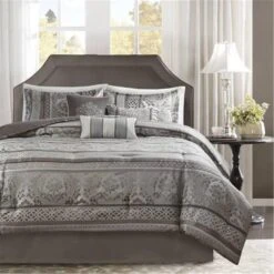 California King Size Jacquard Comforter Set, Grey - 7 Piece, 7PK